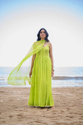 Spring Green Flared Anarkali Chikankari Kurta Set